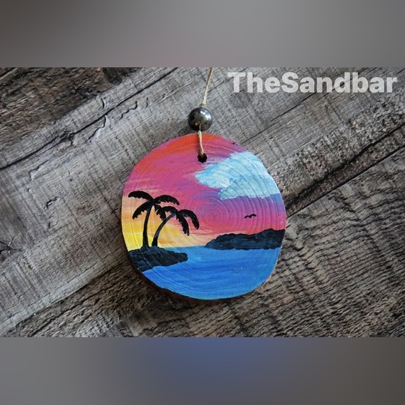 Sunset Palms Ornament Hand Painted Wood Palm Tree Silhouette Beach TheSandbar - Picture 2 of 4